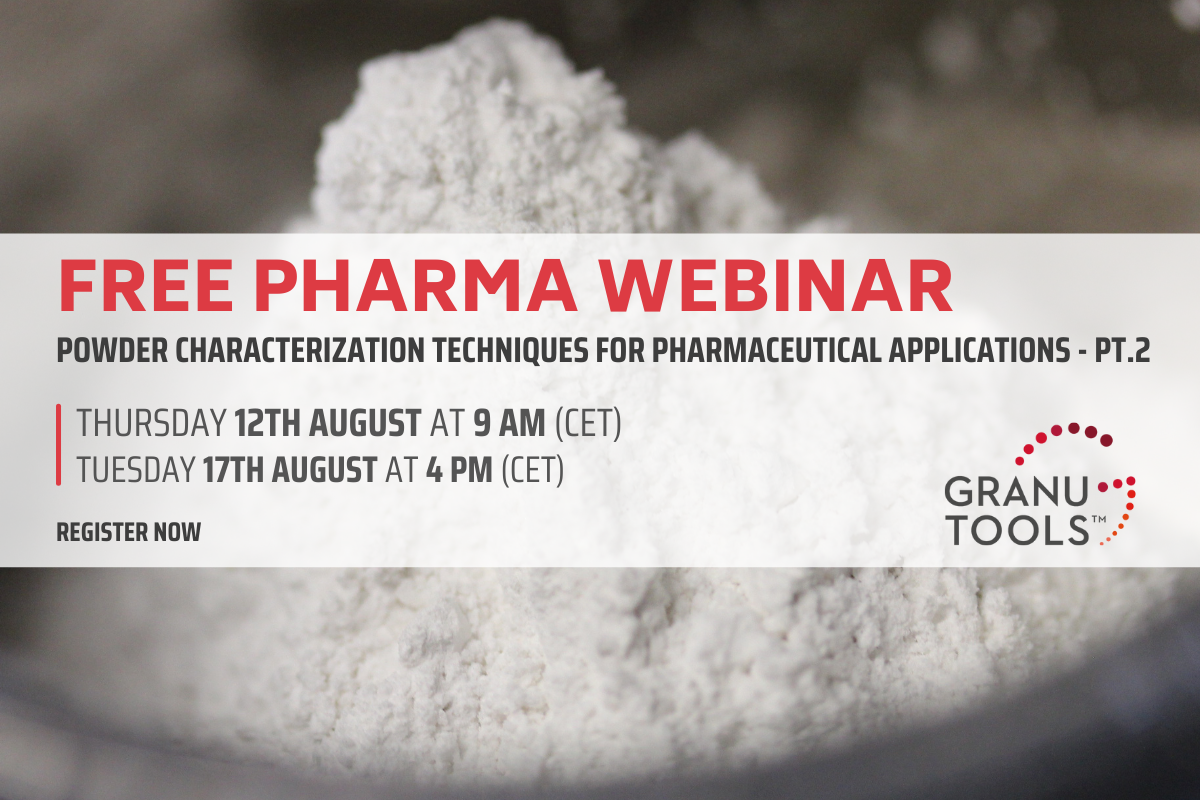 banner of the pharma webinar in August 2021 focusing on powder characterization techniques